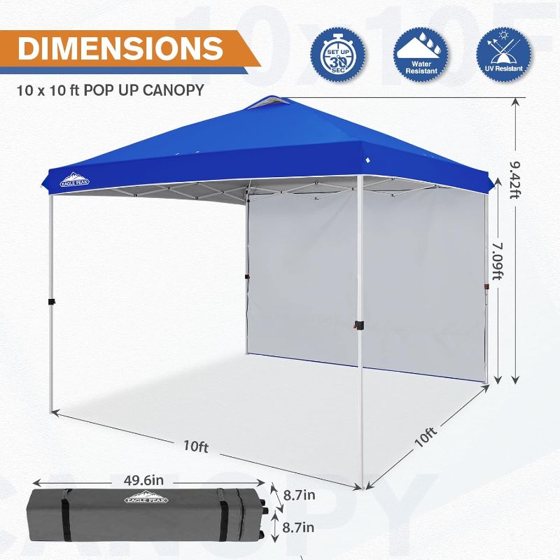 Photo 1 of EAGLE PEAK Pop Up Canopy Tent with 1 Sidewall, Easy Setup Event Tent, Outdoor Sun Shade, Wheeled Carry Bag, Stakes and Guy Ropes, Instant Canopy 10x10, Blue
