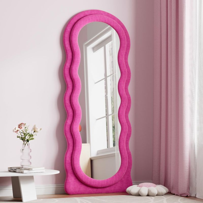 Photo 1 of Full Length Mirror, 63" x 24" Irregular Wavy Mirror, Large Floor Length Mirrors Wall Mounted, Standing Wavy Mirrors with Flannel Wrapped Wooden Frame for Bedroom/Living Room, Hot Pink
