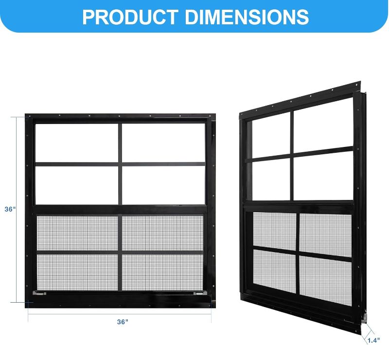Photo 1 of NeatiEase Upgraded Shed Windows 2 Pack, 36" x 36" Windows with Tempered Glass and Stainless Steel Screen for Shed, Chicken Coop, Playhouse, Household, Garage(Black)
