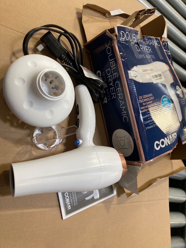 Photo 1 of Conair Double Ceramic Hair Dryer, 1875W Blow Dryer with Diffuser and Concentrator, Ionic Conditioning, 3 Heat & 2 Speed Settings, Amazon Exclusive, White