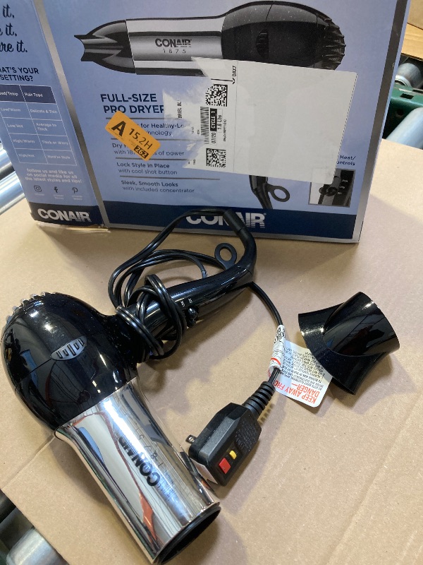 Photo 1 of Conair Hair Dryer, 1875W Full-Size Hair Dryer with Ionic Conditioning, Blow Dryer, Tourmaline Ceramic Technology for Quick Drying, Black/Chrome