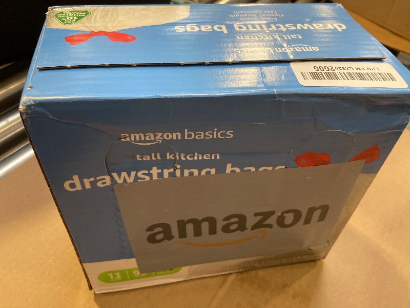 Photo 1 of Amazon Basics 13 Gallon Flextra Strength Tall Kitchen Drawstring Trash Bags, Tear Resistant, 10% Post Consumer Recycled, 90 Count