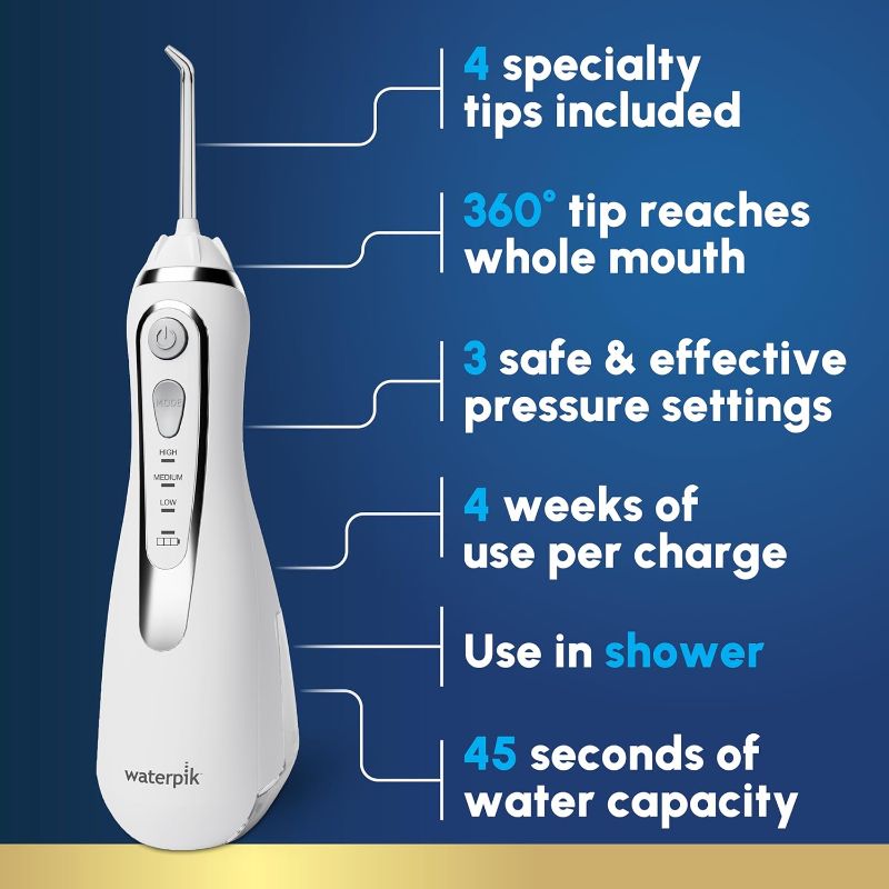 Photo 1 of Waterpik Cordless Advanced 2.0 Water Flosser For Teeth, Gums, Braces, Dental Care With Travel Bag and 4 Tips, ADA Accepted, Rechargeable, Portable, and Waterproof, White WP-580, Packaging May Vary