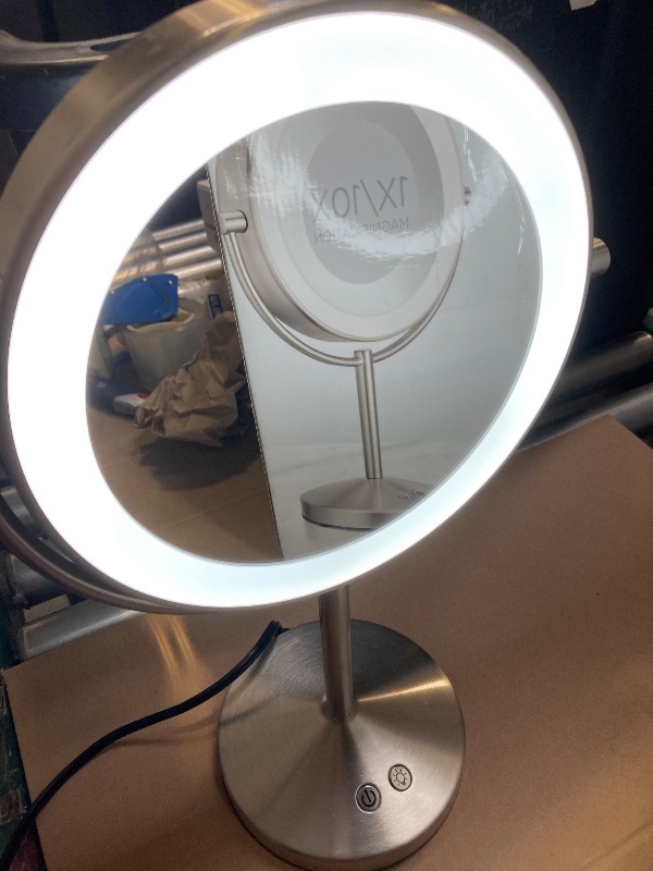Photo 1 of Conair Lighted Makeup Mirror, Double-Sided LED Vanity Mirror with 1X/10X Magnification, 3 Light Settings, 3 Modes, 360° Rotation, Satin Nickel Finish