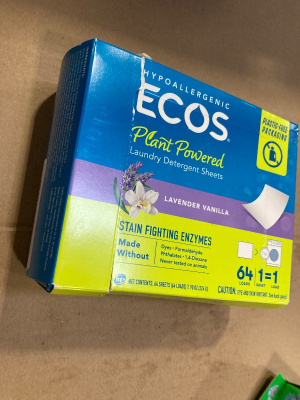 Photo 1 of ECOS Laundry Detergent Sheets Vegan, No Plastic Jug, No Mess, Liquid Free - Hypoallergenic, Plant Powered Laundry Detergent Sheet - Lavender Vanilla - 64 Count (Pack of 1)
