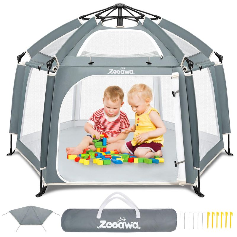 Photo 1 of Zooawa Pop Up Playpen for Baby, Portable Playpen for Babies and Toddlers with Removable Sun-Shades& 2 Side UV Covers, Lightweight Outdoor Baby Play Pen for Beach Home with Travel Bag,Light Gray
