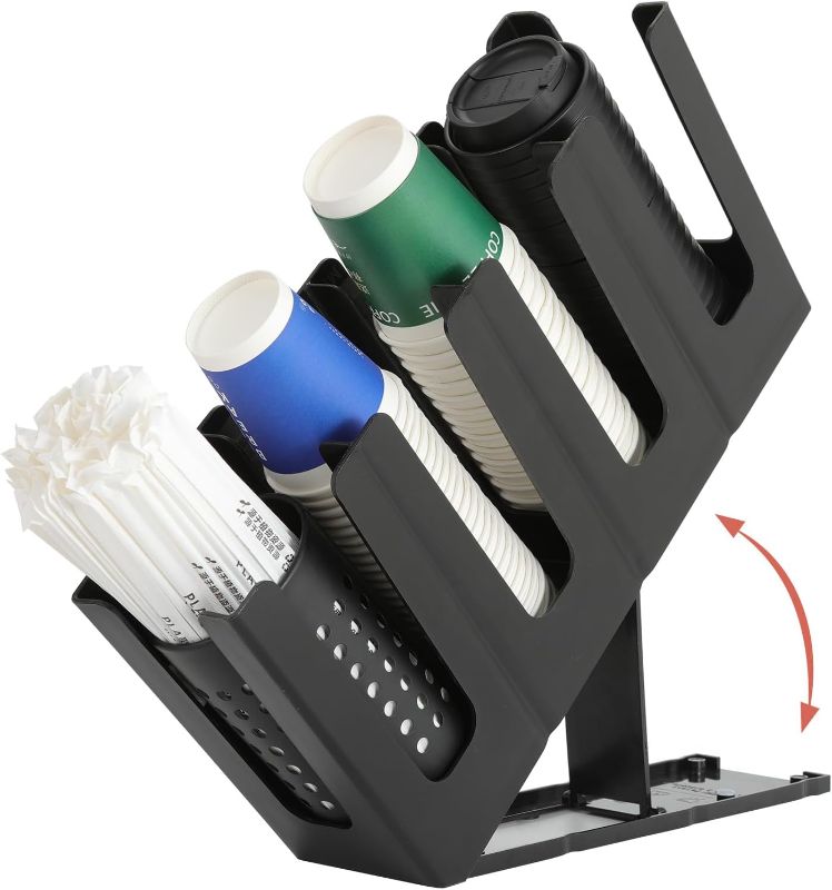 Photo 1 of Paper Cup and Lid Holder with Straw Organizer,4 Compartment Adjusting,Coffee Cup Dispenser for Countertop,Coffees Station,Bar Restaurant,Black

