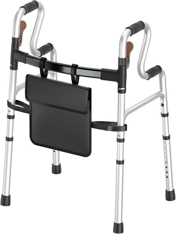 Photo 1 of Folding Walkers for Seniors, Self-Standing Lightweight Aluminum Frame Standard Walker with Storage Bag, Height Adjustable, 350 lbs Capacity, No Wheels, Silver
