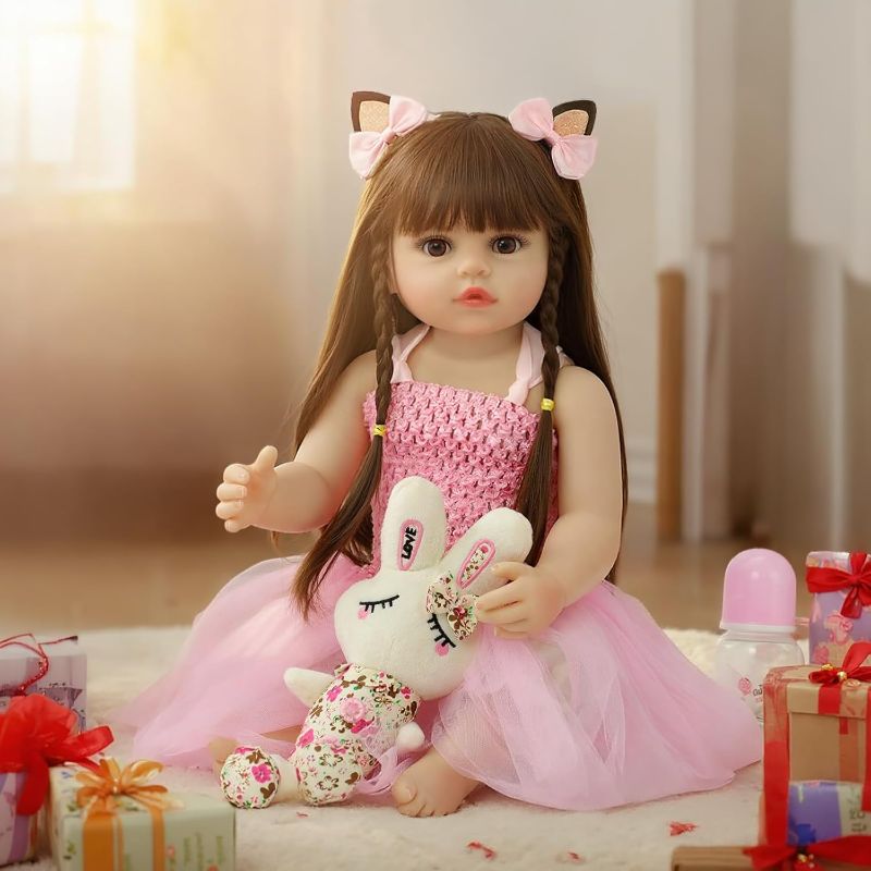 Photo 1 of Reborn Baby Dolls 22 Inch Realistic Baby Girl Doll with Hair Silicone Full Vinyl Body Anatomically Correct Newborn Doll Real Life Like Muñecas Reales para Niñas Toddler Clothes Gift Set for Kid Age3+
