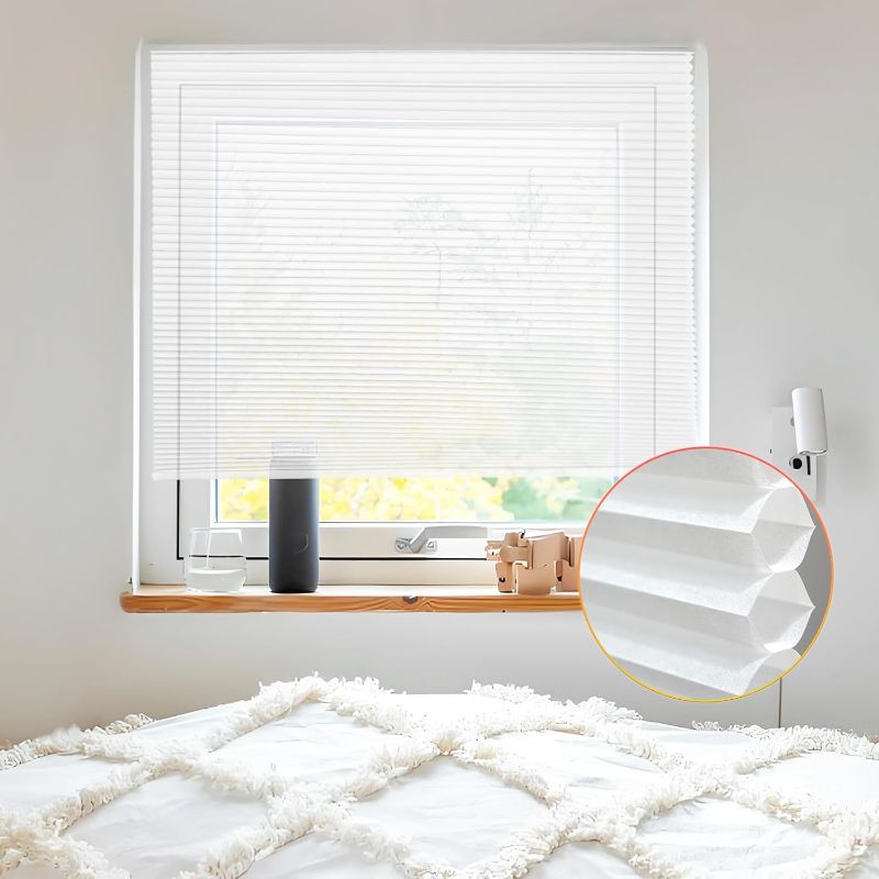 Photo 1 of Cordless Cellular Blinds Shades Easy Cut Adjust Size Cordless No Drilling Honeycomb Window Blinds for Home Kitchen Office, Easy to Install No Tool Need White Light Flightering
