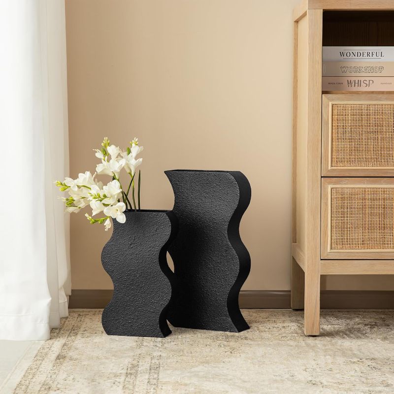 Photo 1 of Metal Decorative Vase, Tall Floor Vase, Set of 2 Modern Black Textured Ripple Standing Decor, 18''H/13.75‘’H Metal Floor Standing Vases for Home Office Decoration
