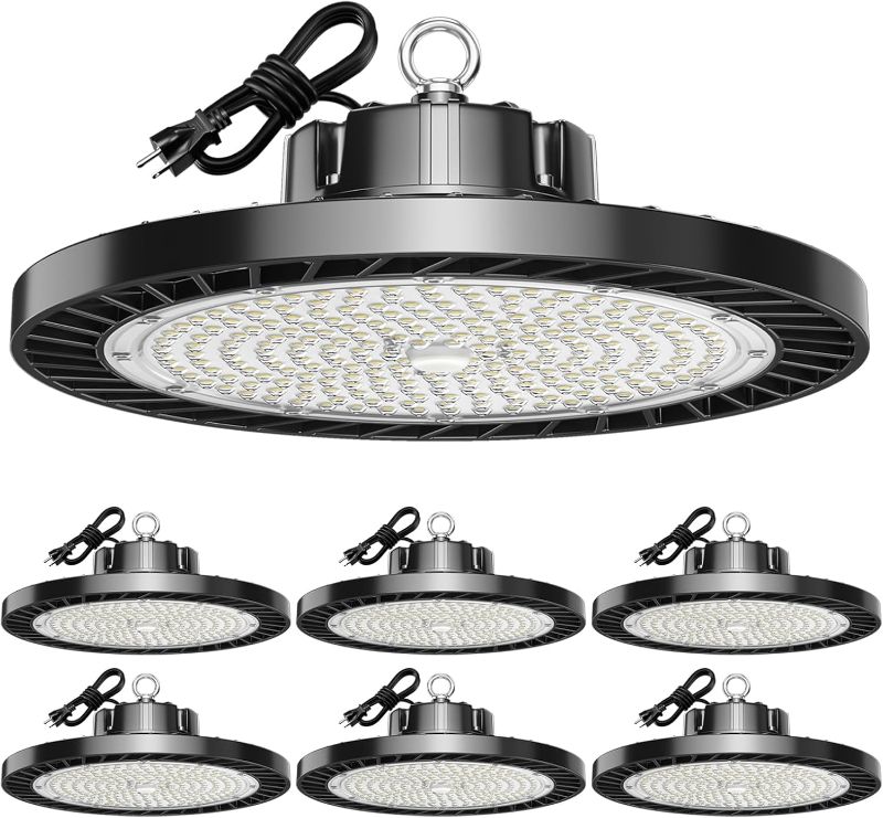 Photo 1 of UFO LED High Bay Lights 5000K 200W 30000LM 6 Pack with Plug High Bay Led Shop Lights Suitable for Warehouse Workshop Factory Gym Garage Barn LED Lamp AC100-277V
