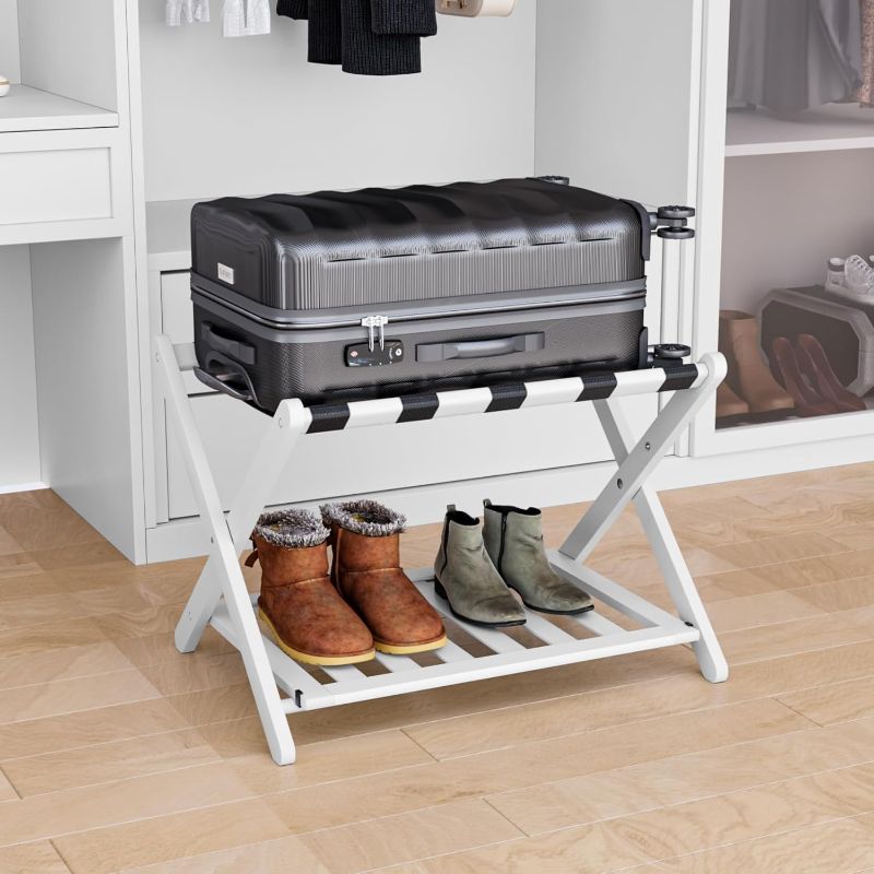 Photo 1 of Fully Assembled White Bamboo Luggage Rack, 5 Straps Folding Suitcase Stand with Shoe Shelf, Heavy Duty Wood Large Luggage Holders for Guest Room, Bedroom, Hotel

