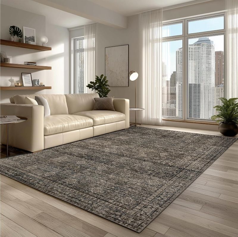 Photo 1 of Washable Area Rugs 8x10, Large Rugs for Living Room, Carpet for Bedroom, Soft Faux Wool Retro Dining Room Rug, Non-Slip Backing Resistant Low Pile Vintage Print Rug for Home Office (Brown)
