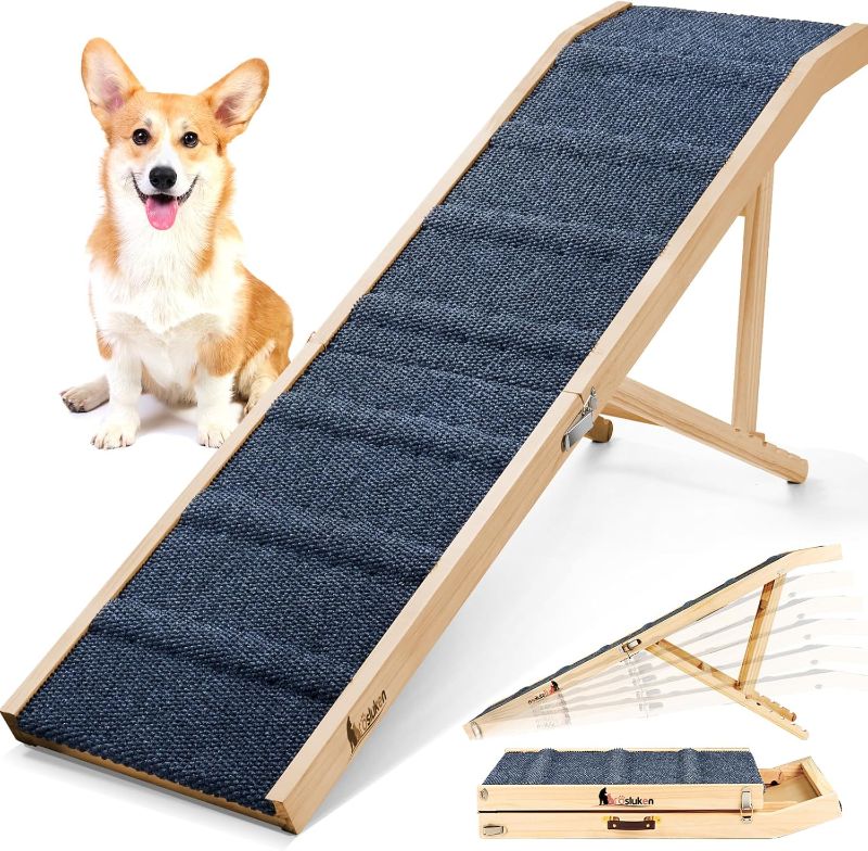 Photo 1 of Dog Ramp for Bed, 64" Long Foldable Pet Ramp for Small Large Dogs, Dog Ramps for High Beds Car, High Traction with Platform 6 Adjustable Heights 24" to 30" Up to 220LBS, Wood
