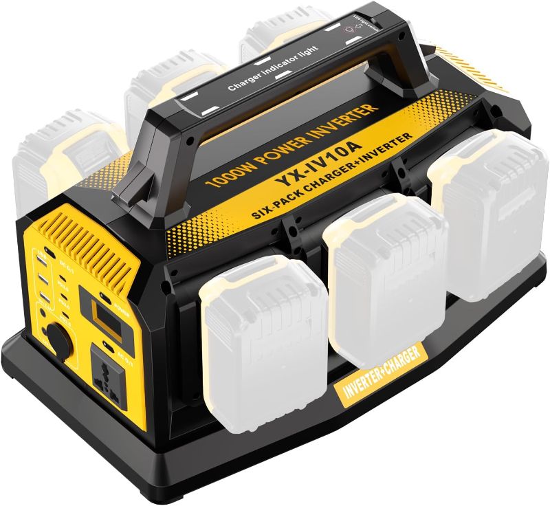 Photo 1 of 1000W Power Inverter for Dewalt 20V Battery,Compatible Battery Charger of 6 Ports Each 6A,20V to 110V Pure Sine Wave Inverter with 3 USB-A/Type-C/DC Port, Light,Cigarette Lighter Socket for Emergency

