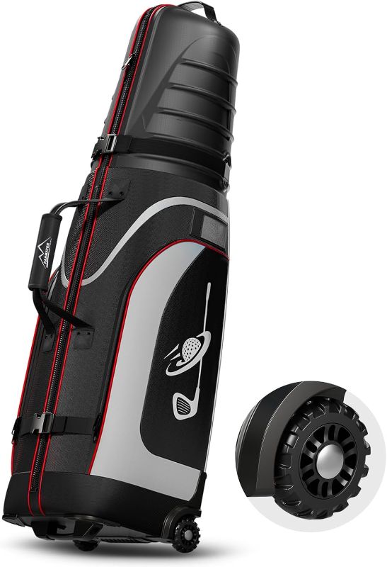 Photo 1 of M KARMATER Golf Travel Bags for Airlines with Wheels - Foldable Hard Case with ABS Top and 1680D Heavy Duty Oxford, Full Padding Protection, 3 Storage Compartments for Golf Clubs and Accessories

