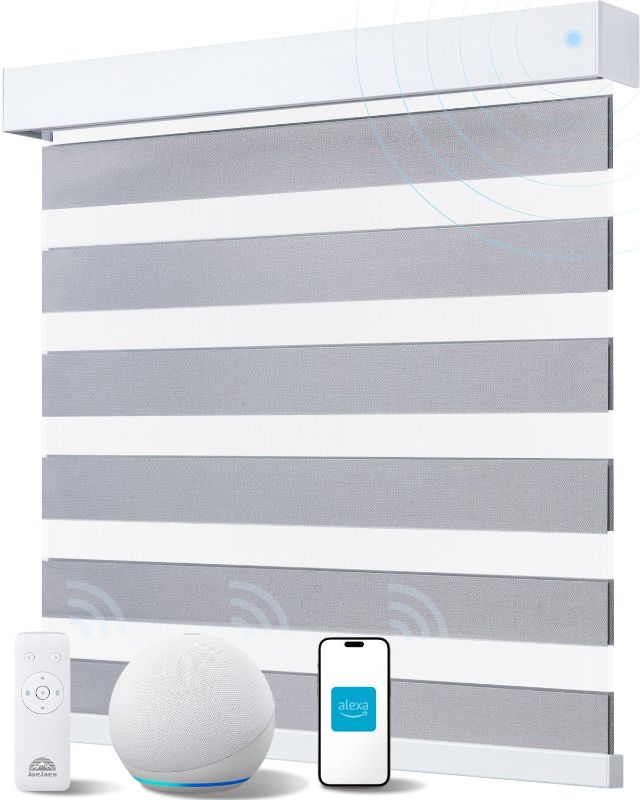 Photo 1 of Smart Zebra Blinds for Windows, Alexa Motorized Zebra Shades with Remote Control, Automatic Electric Power Roller Blinds for Indoor Windows (33" W X 72" H, Gray and White)
