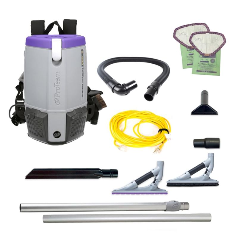Photo 1 of ProTeam Super Coach Pro 6 Commercial Backpack Vacuum with ProBlade Hard Surface and Carpet Tool Kit, 6 Quart, Corded, 107535
