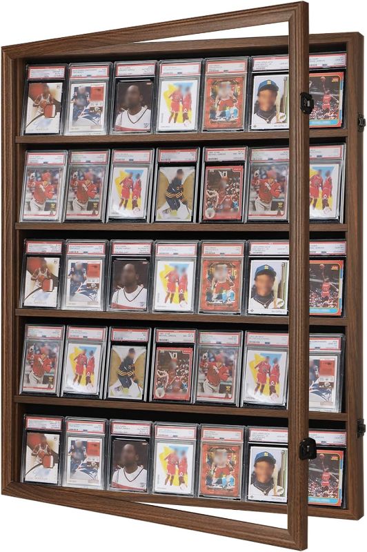 Photo 1 of VERANI Baseball Display Case - 35 Graded Sports Card Frame - Holds Cards with UV Protection Clear View Lockable Wall Cabinet for Football Basketball Hockey Trading, Walnut

