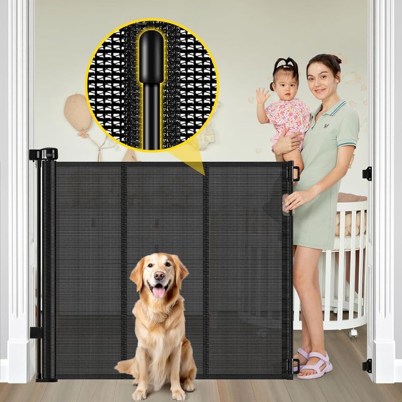 Photo 1 of Reinforced 42” Extra Tall Retractable Baby Gates with Rods, Extends up to 60” Wide, Tall Retractable Dog Gate for Doorways Prevent Crawling Through Mesh Pet Gate Indoor Outdoor, Black
