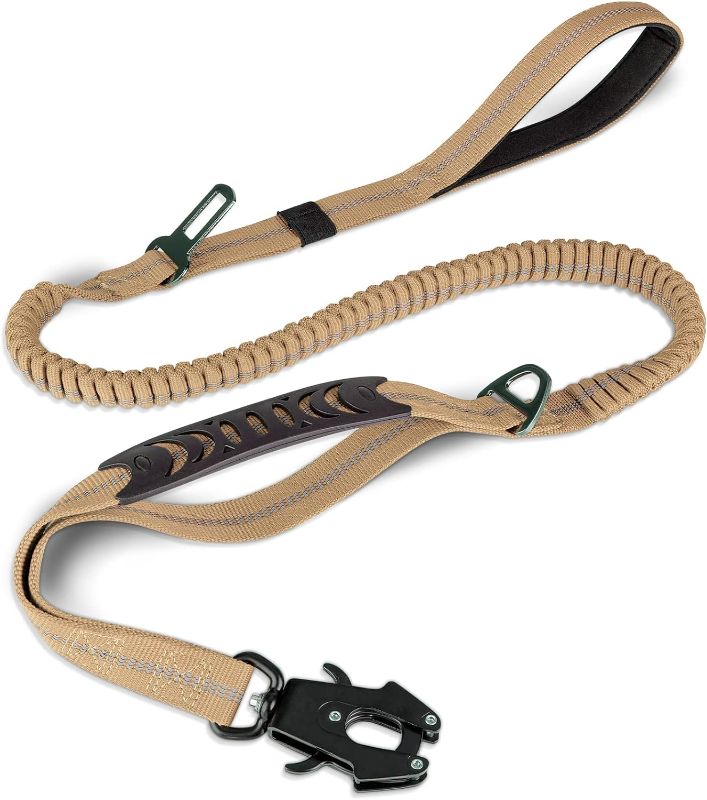 Photo 1 of Joytale Tactical Dog Leash Heavy Duty, 4-6FT Shock Absorbing Bungee Lead with 2 Padded Handle, Metal Carabiner Clip, Car Seatbelt, Strong No Pull Leash for Medium Large X-Large Dogs, Coyote Brown
