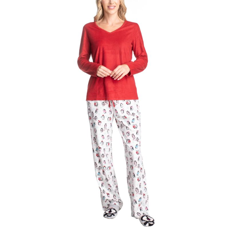 Photo 1 of Goodnight Kiss Funny Face Fleece Pajama Set with Critter Socks, Red/Penguin, Large

