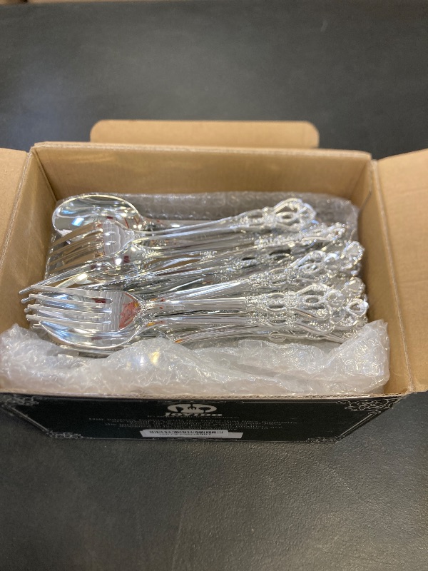 Photo 1 of Joyido 150PCS Silver Plastic Silverware - Heavy Duty Silver Disposable Cutlery - Fancy Plastic Utensils Flatware Include 50 Forks, 50 Spoons, 50 Knives for Catering, Parties, Dinners, Weddings