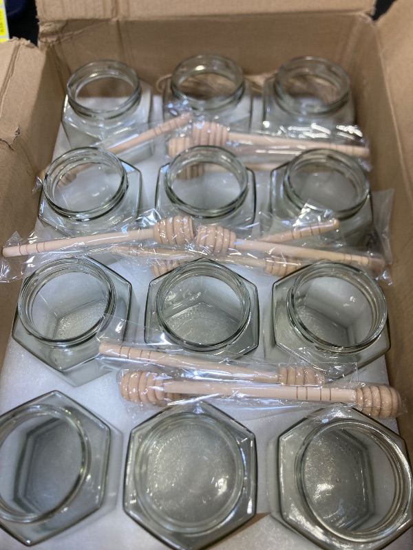 Photo 1 of 16 oz Honey Jars with Dipper, 12 Pack Hexagon Glass Jars with Golden Lids, Wooden Honey Sticks for Baby Shower Favors/Wedding Favors for Guests Bulk