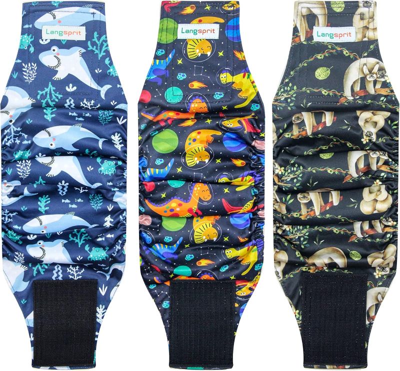 Photo 1 of Langsprit Male Belly Bands for Dogs (Pack of 3) - Dog Diapers Male - High Absorbing Dog Wraps Washable - Reusable Small Doggy Doggie Puppy Dog Diapers (Sloth,Whale,Dinosaur, Small)
