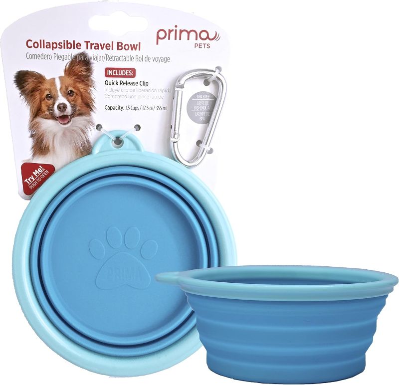 Photo 1 of Prima Pet Expandable/ Collapsible Silicone Food & Water Travel Bowl with Clip for Small & Medium Dog and Cat, Size: 1.5 Cups (5.1 Inch Diameter Bowl) (AQUA)
