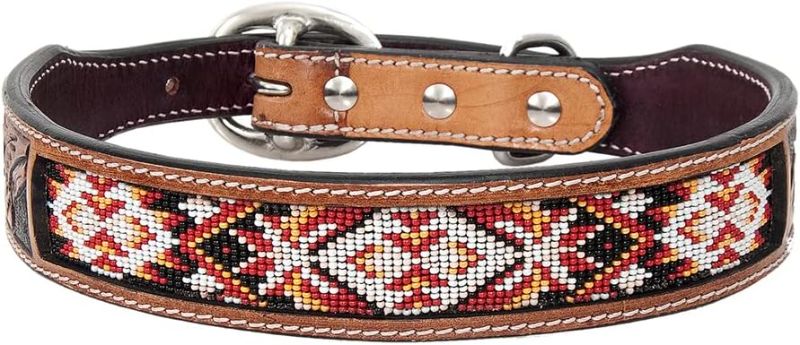 Photo 1 of Tan Large HILASON Strong Genuine Leather Dog Collar Beaded | Handmade Soft Hand Tooled

