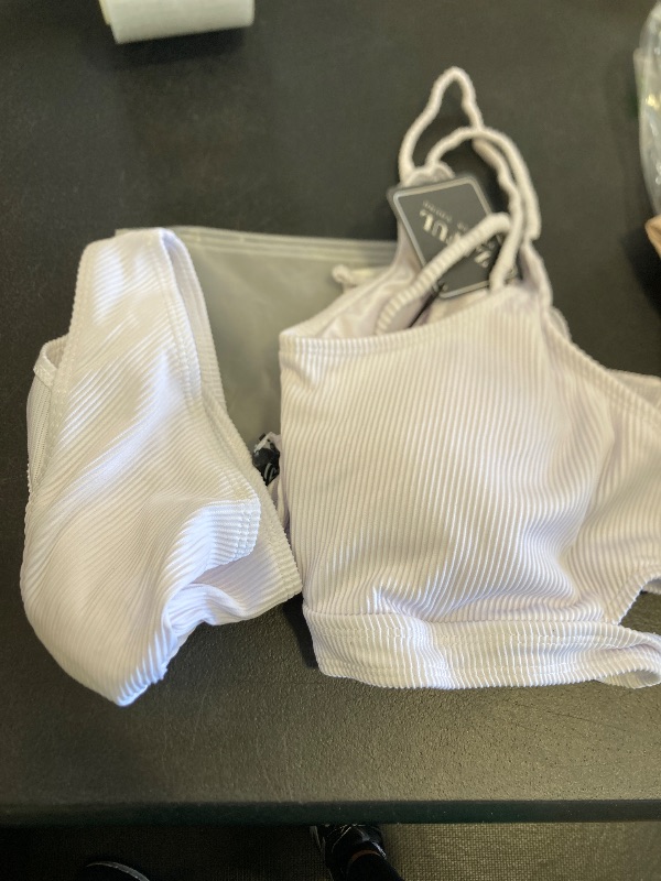 Photo 1 of ZAFUL Women's Cutout Bikini Sets Scoop Neck Back Criss Cross Tie Ribbed High Cut Bikini Swimsuit Two Piece Bathing Suits (1-White, L)