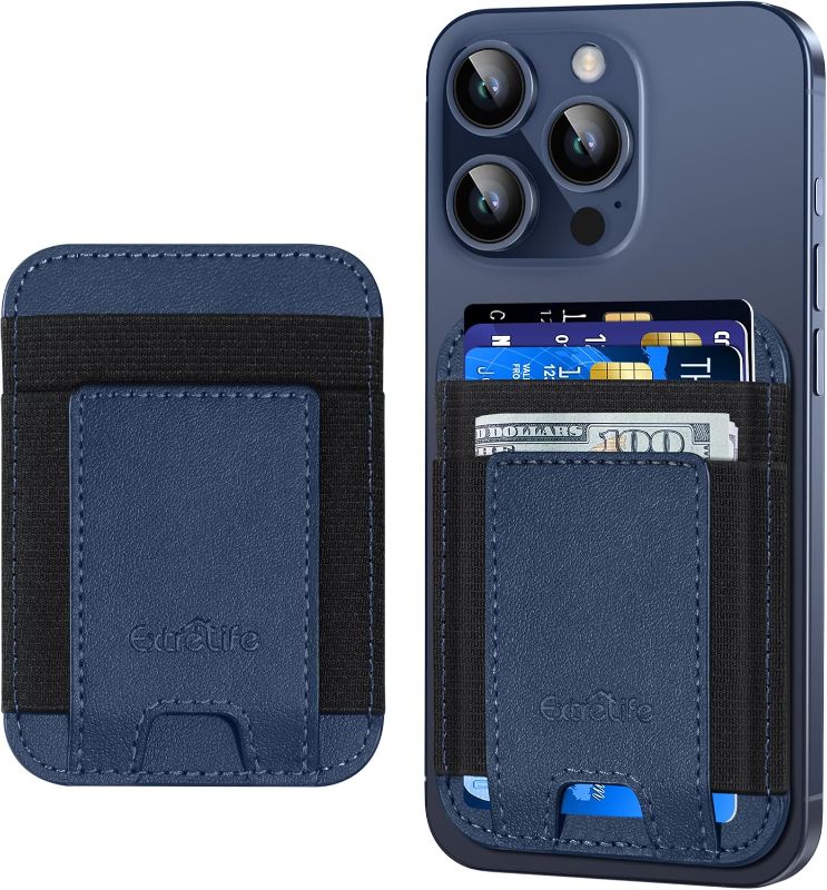 Photo 1 of Phone Card Holder, Leather Phone Wallet Stick On, Stronger Adhesive Card Holder for Back of Phone, Credit Card Holder for Phone Case iPhone, Samsung, Android , RFID Blocking, Fit 7 Cards, Navy Blue
