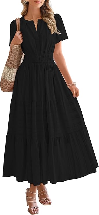 Photo 1 of BTFBM Womens Summer 2025 Casual Midi Maxi Dresses Lightweight Short Sleeve V Neck Elastic Waist Boho Beach Dress Pockets
size medium