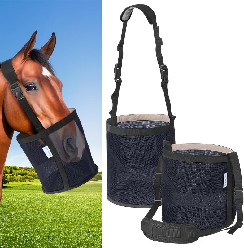 Photo 1 of Horse Feed Bag Pack of 2, Feed Bags for Horses with Ventilation Mesh, Comfort Nose Pad Neck Pad, Adjustable Strap, Spill Proof Design for Independent Feeding Grain, Supplements (Black Blue)
