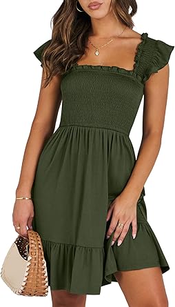 Photo 1 of ANRABESS Women's Summer Casual Sleeveless Square Neck Dress 2025 Smocked Ruffle Backless Boho Beach Cute Teen Short Sundress
size xs