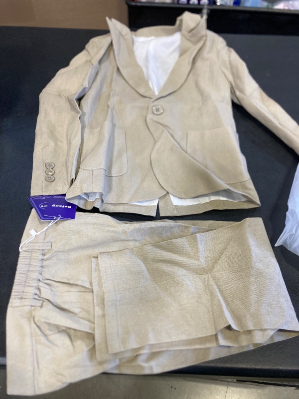 Photo 1 of Botong Boys Linen Suit for Summer Beach Wedding 2 PC Boys Formal Suits Peak Lapel Blazer Pants Vest Kids Wedding Suit Beige 6T
