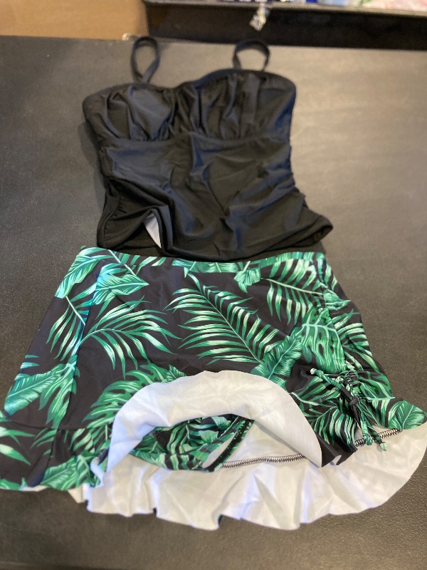 Photo 1 of ADIRUN Girls Tankini Bathing Suits Size 12-14 Two Piece Tropical Print Pleated Tween Girls Swimsuits Adjustable Straps with Ruffle Drawstring Skirt Swimwear Black 13-14 Years