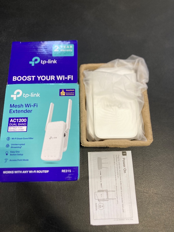 Photo 1 of TP-Link AC1200 WiFi Extender, 2025 Wirecutter Best WiFi Extender, 1.2Gbps Home Signal Booster, Dual Band 5GHz/2.4GHz, Up to 1600 Sq.ft and 32 Devices, EasyMesh Compatible, One Ethernet Port (RE315)