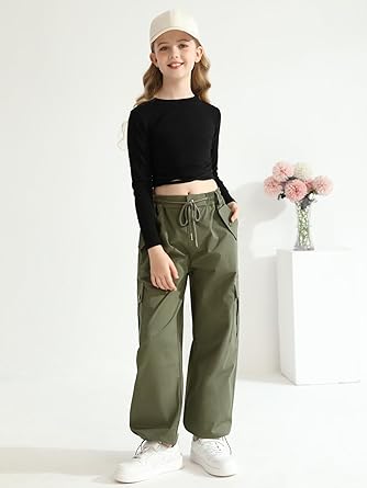 Photo 1 of Girls Cargo Jogger Pants Drawstring Elastic Waist Kid Parachute Pants Teen Casual Y2K Trousers with Pockets 9-10y
