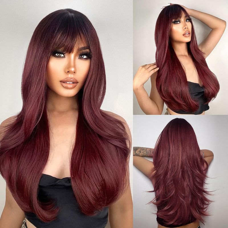 Photo 1 of N NAYASA Burgundy Wigs with Bangs Wine Red Ombre Wigs for Women Long Layered Wigs with Dark Roots Synthetic Heat Resistant Wigs for Daily Party Use
