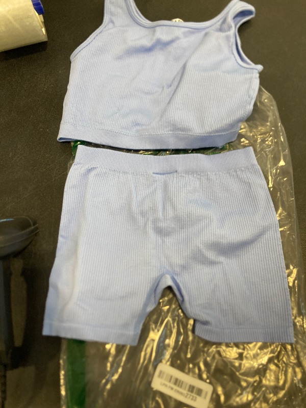 Photo 1 of EXARUS Girls 2 Piece Outfits Workout Set Tank Tops and Athletic Shorts Seamless Ribbed Crew Neck Kids Summer Blue 8Y