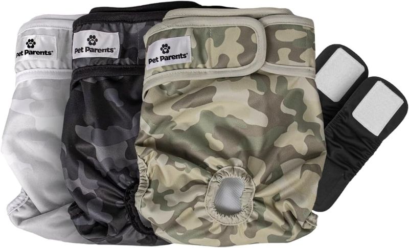 Photo 1 of Pet Parents® Washable Dog Diapers (3pack) + Extendrs® of Durable Doggie Diapers, Premium Dog Diapers Female & Male (Medium, Camo)
