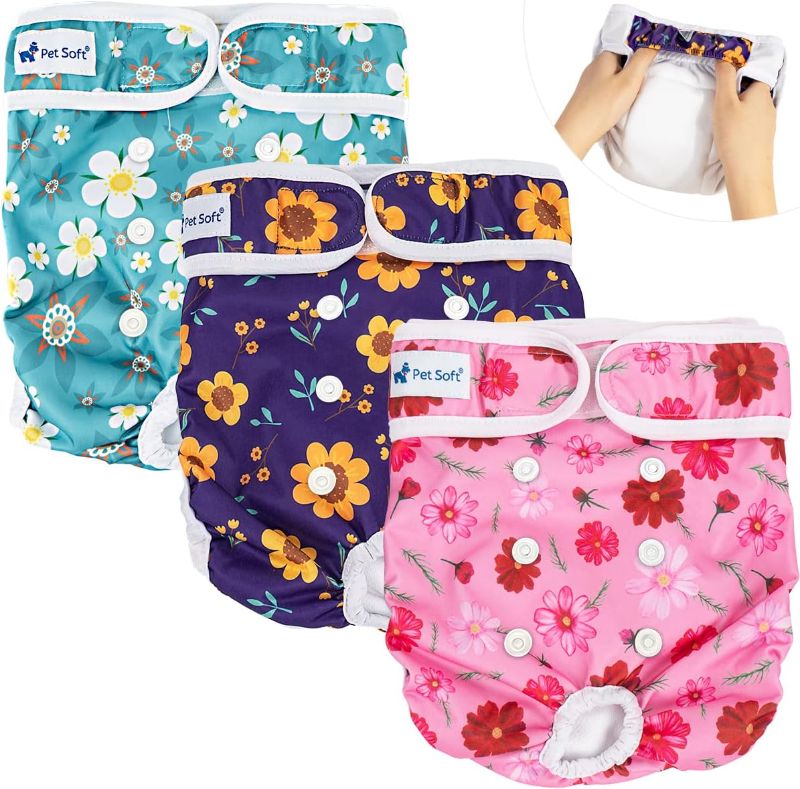 Photo 1 of Pet Soft Washable Female Diapers (3 Pack) Female Dog Diapers, Comfort Reusable Doggy Diapers for Girl Dog in Period Heat (Cute Flower, XS)
