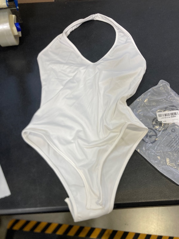Photo 1 of YMDUCH Women's Sexy Sleeveless Halter V Neck Backless Leotard Bodysuit Tops White SMALL 
