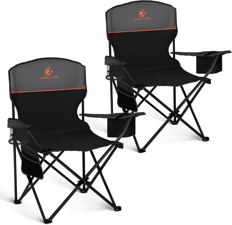 Photo 1 of ALPHA CAMP Camping Chair 2 Pack Portable Chair with 3-Can Cooler Folding Chair with Side Pocket and Cup Holder, Collapsible for Camping, Tailgates, Beach, Fishing and Sports,2PC