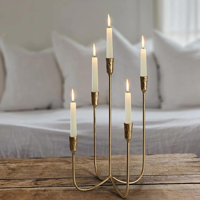 Photo 1 of 5-Candle Cast Iron Metal Candelabra Candlestick Holders 15 inch Tall Candle Holder Wedding Event Candelabra Candle Stand Brass Gold