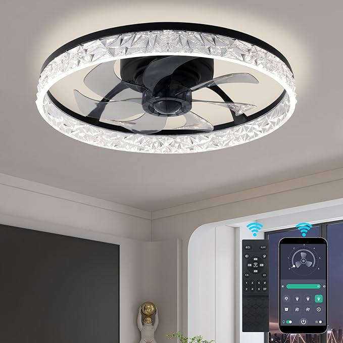 Photo 1 of 20" Ceiling Fans with Lights and Remote, Low Profile Fandelier Ceiling Fan, 3000-6000K Dimmable Modern Smart Flush Mount LED Blade Fan Light, 6 Wind Speeds for Bedroom, Living Room (Black)
