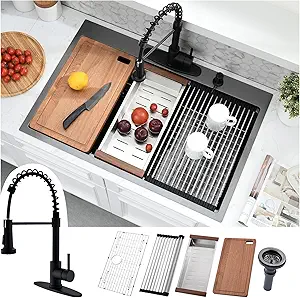 Photo 1 of 28x22 Black Drop In Kitchen Sink and Faucet Combo - 28 Inch Black Stainless Steel Drop-in Sink with Faucet, 10 Inch Deep Single Bowl Workstation Sinks with Accessories